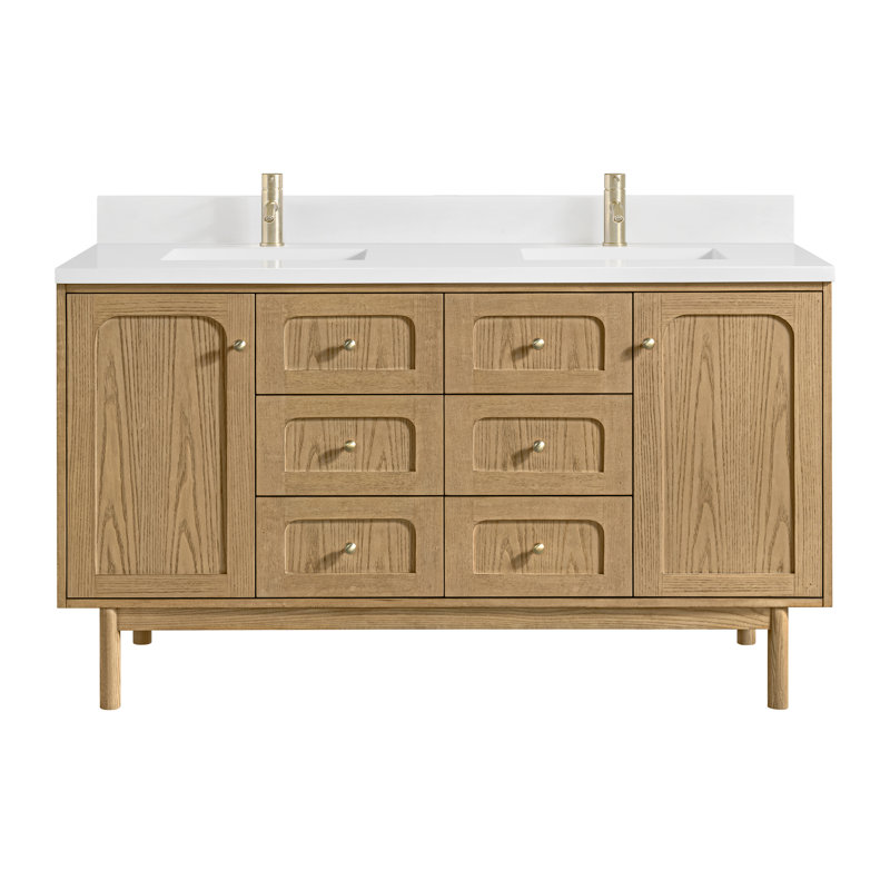 Laurent 59.88'' Double Bathroom Vanity with Top, Single Hole, White Zeus, Light Natural Oak