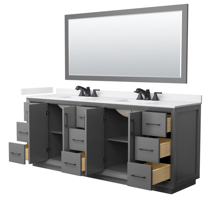 Strada 84" Freestanding Double Bathroom Vanity with Cultured Marble Top, Grey, Matte Black