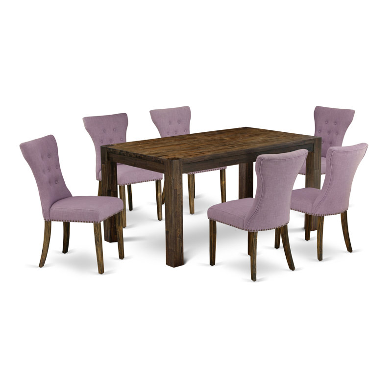 7 Piece Dining Room Table Set Consist of a Rectangle Rustic Wood Kitchen Table and 6 Dahlia Linen Fabric Parsons Dining Chairs, Jacobean