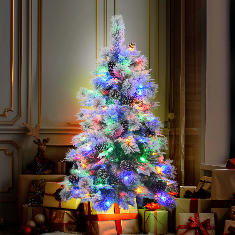 Sapin de Noël enneigé pré-éclairé avec pommes de pin, 4'
