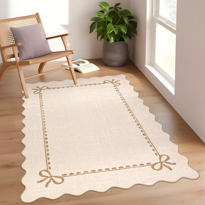 Scalloped Area Rug 4x6 Modern Solid Dorm Rug Soft Low Pile Washable Beige Rugs with Non Slip Rubber Backing, Stain Resistant Indoor Carpet Mat for College Bedroom Hallway Decor