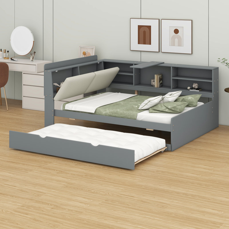Full Size Wooden Storage Daybed Frame, Modern Platform Bed With Trundle & Flip Headboard & Shelves,Full Floor-Bed W/Upholstered Headboard&Storage, No Box Spring Needed
