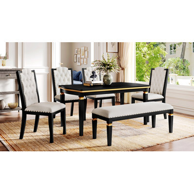 Elegant 6-Piece Dining Set with Rectangular Table, 4 High-Back Chairs, 1 Table with 4 Chairs and 1 Bench for Dining Room