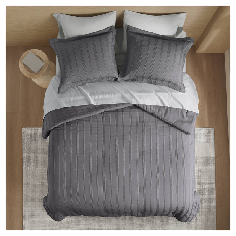 Ensemble d'édredon rayé 7 pièces - Literie toutes saisons teint en fil avec revers en microfibre douce, Gris