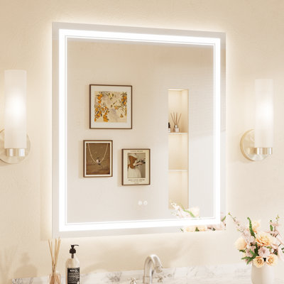 Frontlit and Backlit LED Bathroom vantiy Mirror,3 Color Dimmable Light & Anti-fog Tempered Glass mirror