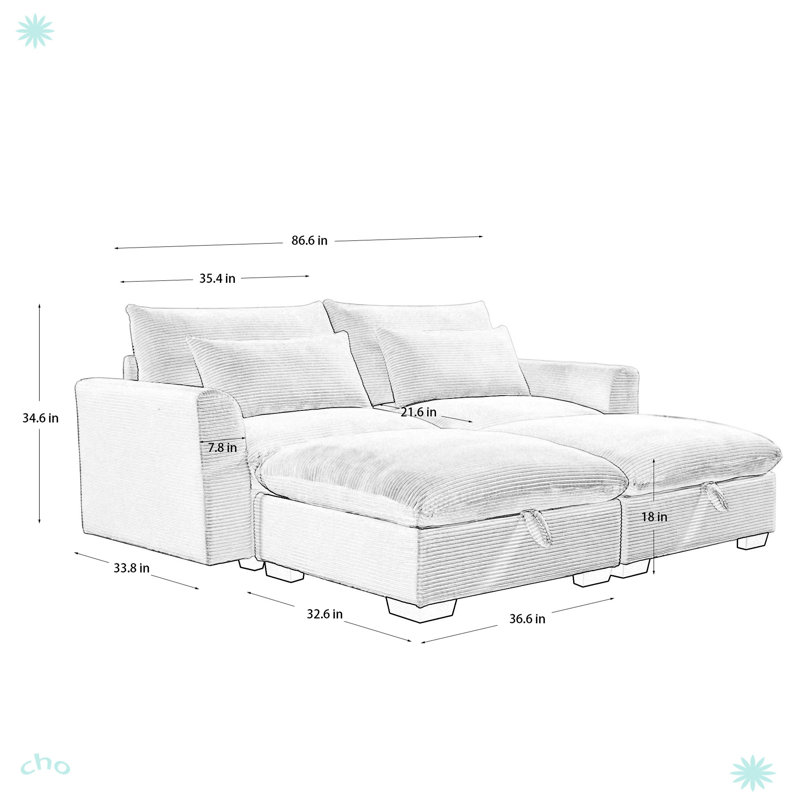 Two-Seater Sofa With 2 Storage Footrest for Living Room, Beige Corduroy