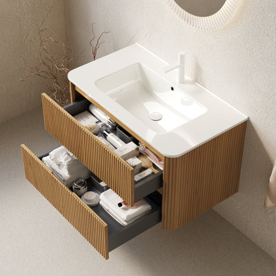 Meuble-lavabo flottant 36 po avec lavabo en céramique blanche et 2 tiroirs en contreplaqué au design naturel