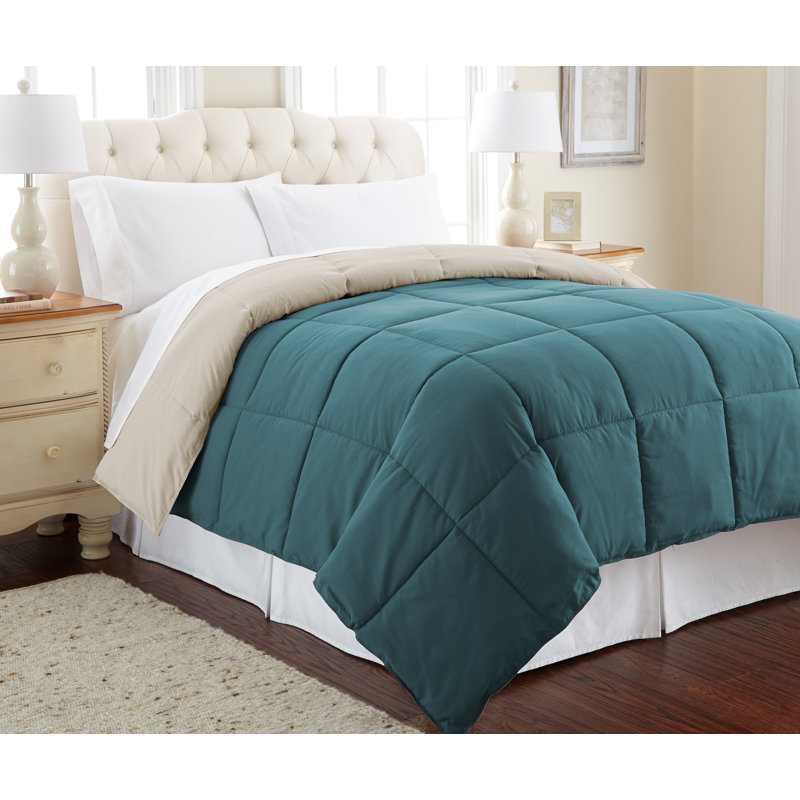 Full Blue Coral and Oatmeal Reversible Down Alternative Comforter Set