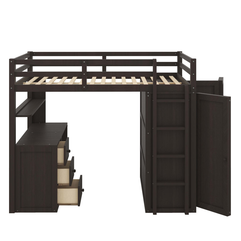 Lit mezzanine polyvalent avec tiroirs de rangement intégrés, bureau de travail spacieux et armoire de style armoire, Espresso