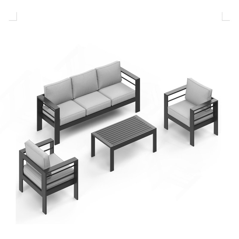 Ensemble de meubles de patio en métal 4 pièces toutes saisons, canapé de conversation 5 places avec coussins gris clair épais et structure noire et table basse