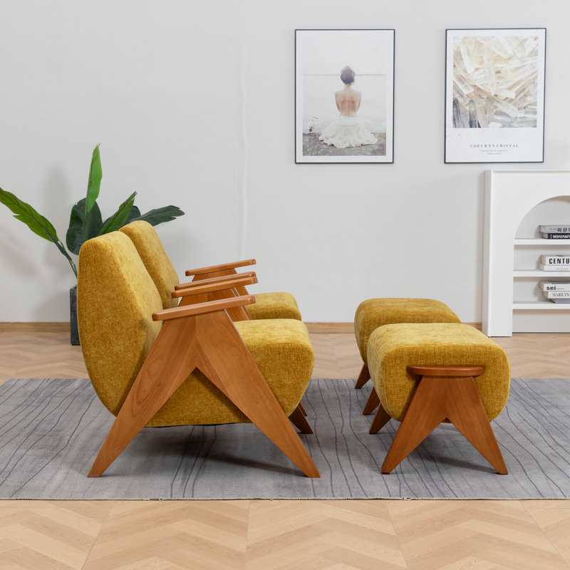 Upholstered Chenille With Footstool Armchair, Yellow, 2