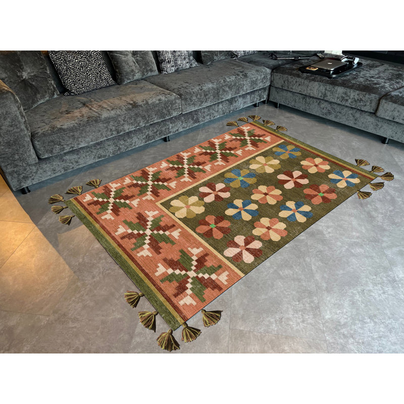 Tapis tissé à motif floral kaki, Rectangle 4 pi 11,06 po x 7 pi 6,55 po