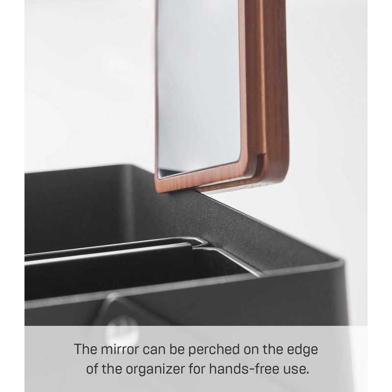 Black Steel & Wood Handled Makeup Organizer with Sliding Tray & Mirror