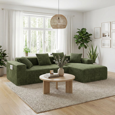 Modern Oversized Corner Sofa L-Shaped Corduroy Sofa With Storage Pockets 
