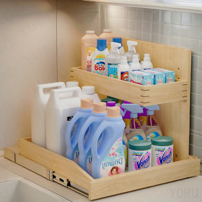 Organisateur sous évier et rangement l 22 ½ po x P 21 po, organisateur d'armoire coulissant à 2 niveaux avec fermeture rigide, organisateur d'armoire coulissant réglable avec support en U pour la cuisine de la salle de bain (à droite)