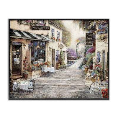 «Traditional Village City Architecture», scène de bistro charmante, estampe numérique encadrée noire, art texturé par Ruane Manning