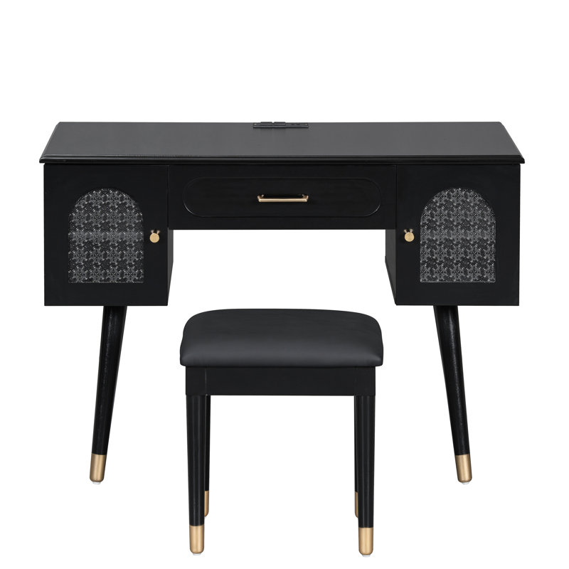 Black Vanity , Makeup Desk, Writing Surface, Storage, Convenient Ports Vanity, Pu Cushioned Stool, Smooth - Gliding Drawer, Glass Storage