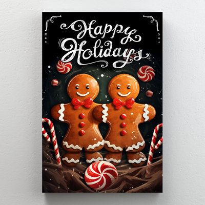 Gingerbread Man Cookies - Happy Holidays Gallery Wrapped Canvas - Christmas Holiday Decor, Black And Orange Home Decor