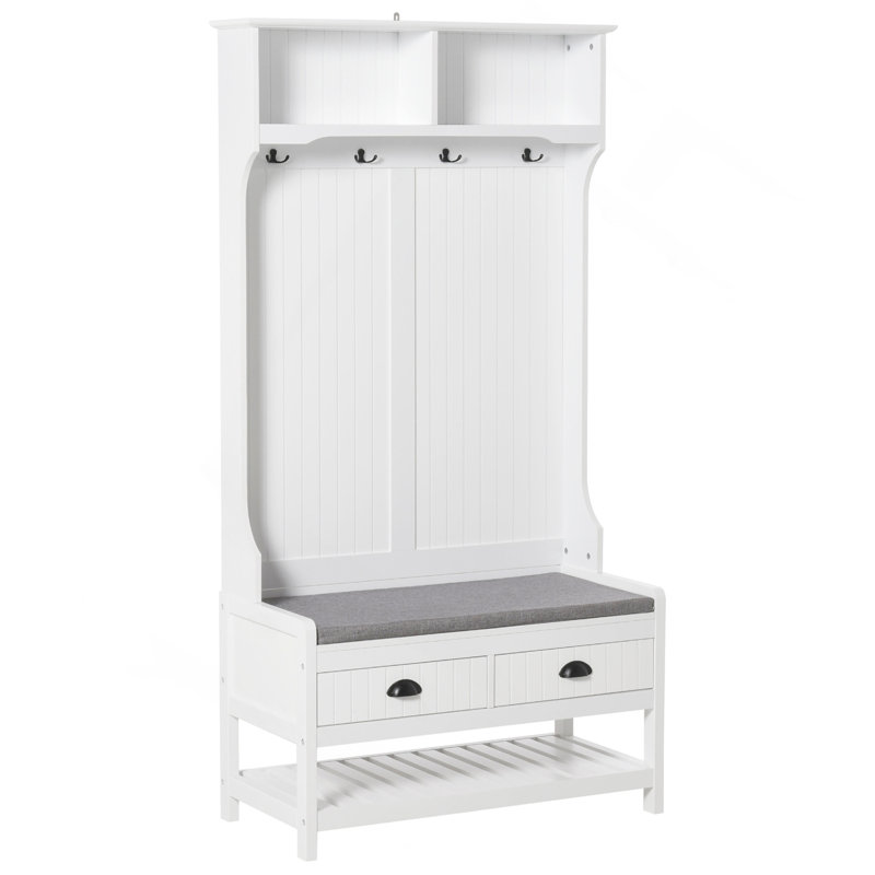 3-In-1 Hall Tree, Entryway Bench With Coat Rack, Mudroom Bench With Shoe Rack, 2 Storage Drawers, 4 Hooks And Padded Seat Cushions For Hallway, White
