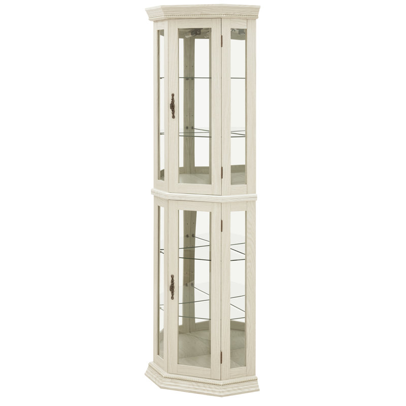 69.5" Lighted Glass Corner Curio Cabinet With Display And Adjustable Shelving, White