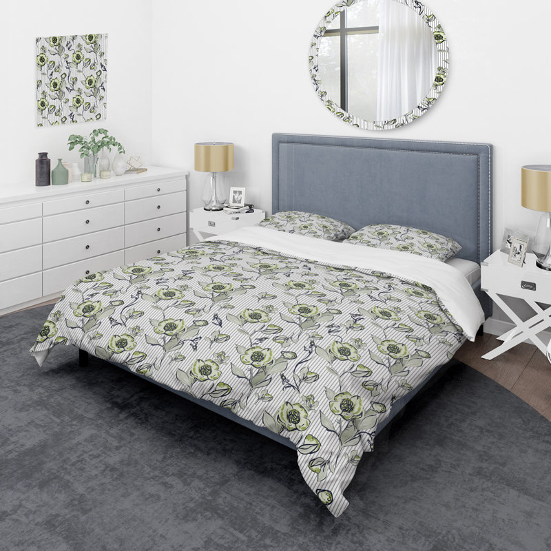 Motif rayé argent et vert - Ensemble de housse de couette abstrait - Microfibre de polyester