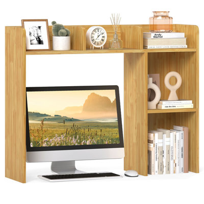 3-Tier Desktop Bookshelf with Open-Back Monitor Compartment, Engineered Wood Desk Organizer for Home Office, Natural