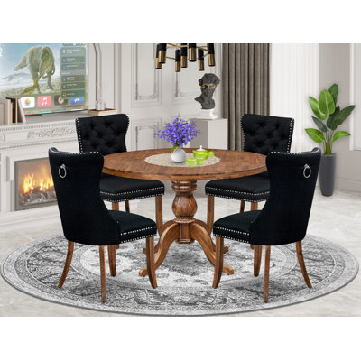 5-Piece Mid Century Kitchen Set with Polyester fabric 4 Black kitchen chairs, Button-Tufted Backs, and a 48"Round Table in Antique Walnut Finish.