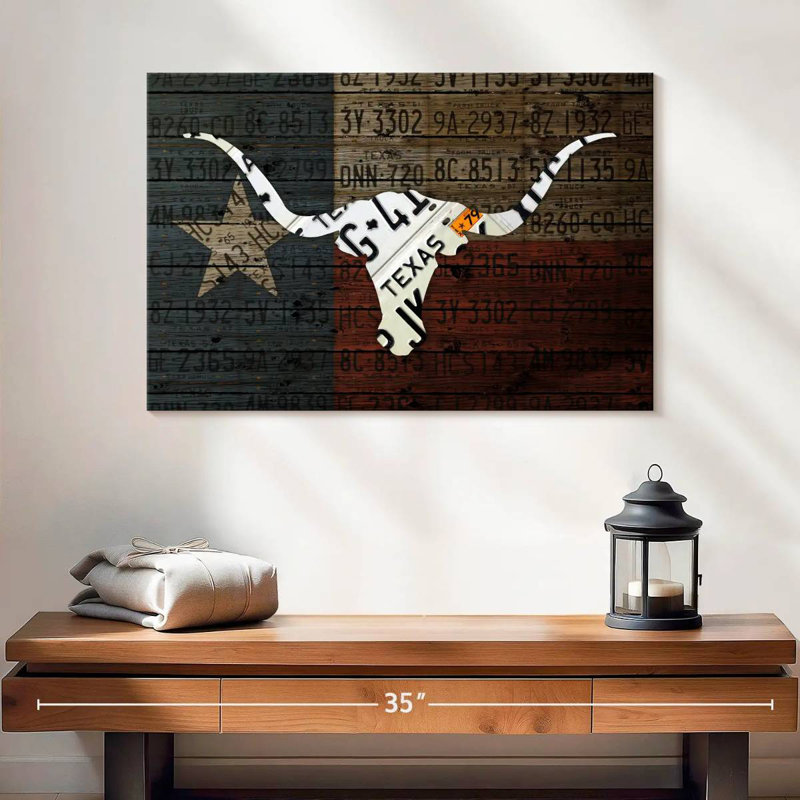 Art de Longhorn avec drapeau, H 16 po x l 24 po