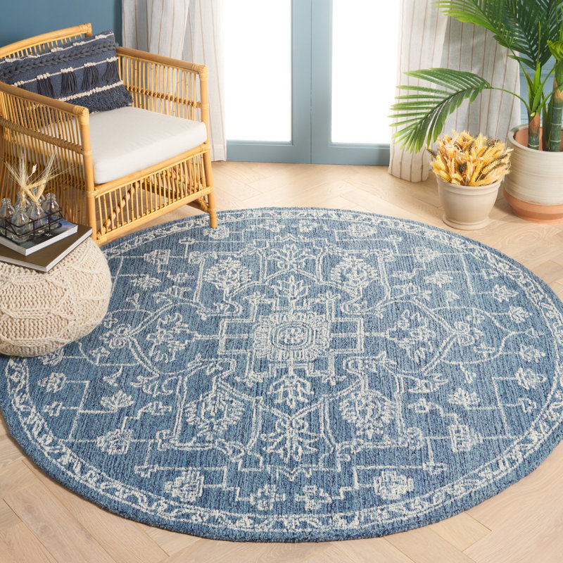 Tapis oriental bleu en coton touffeté Frachia, Rond 6 pi