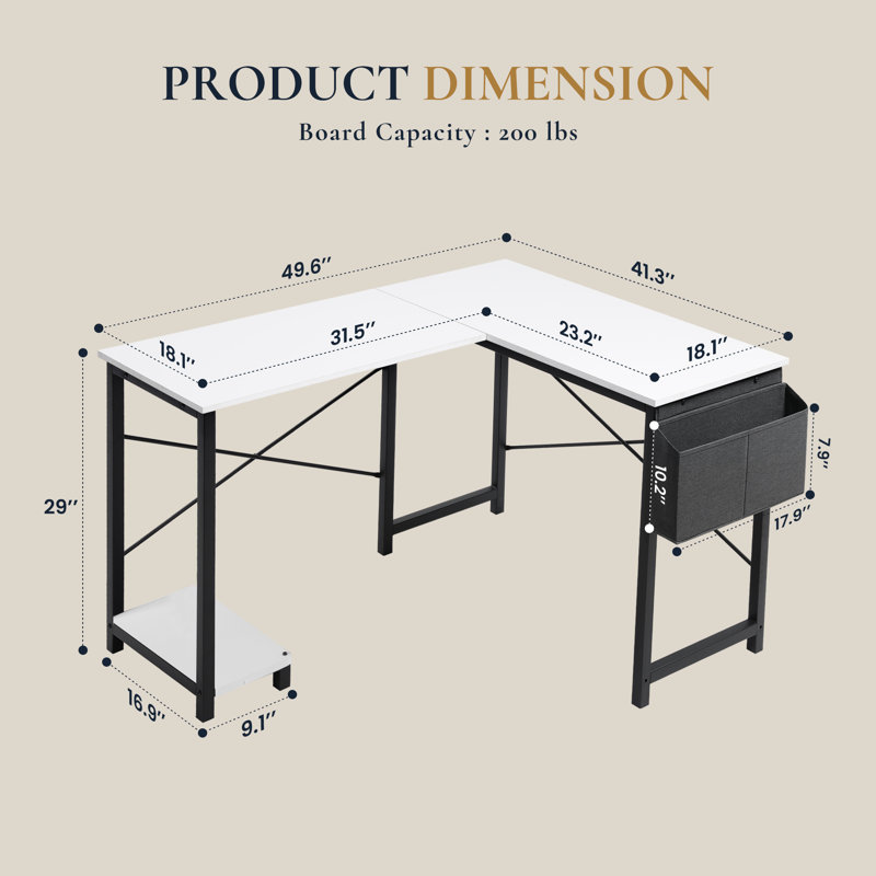 Bureau en L réversible de 50 po de large avec sac de rangement Hussan, Blanc, Bois aggloméré
