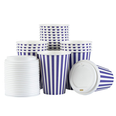 Restaurantware-12 Ounce Disposable Coffee Cups With Lids, 20 Hot Cups With Lids - Sleeves Sold Separately, Single Wall, Purple And White Stripe Paper Coffee Cups, For All Kinds Of Beverages