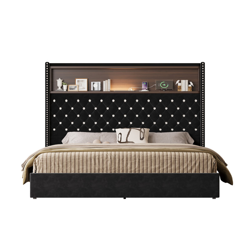 Structure de lit grand format en velours capitonné avec USB et veilleuse, tête de lit 52 po, lit plateforme à oreilles, noir