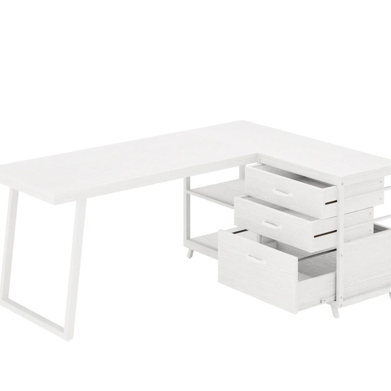 Bureau d'écriture blanc multifonctionnel en forme de L pour diverses tâches pouvant servir de table d'ordinateur, 2 petits tiroirs d'étude, 1 grand tiroir, des tablettes ouvertes pour écrire, jouer et étudier