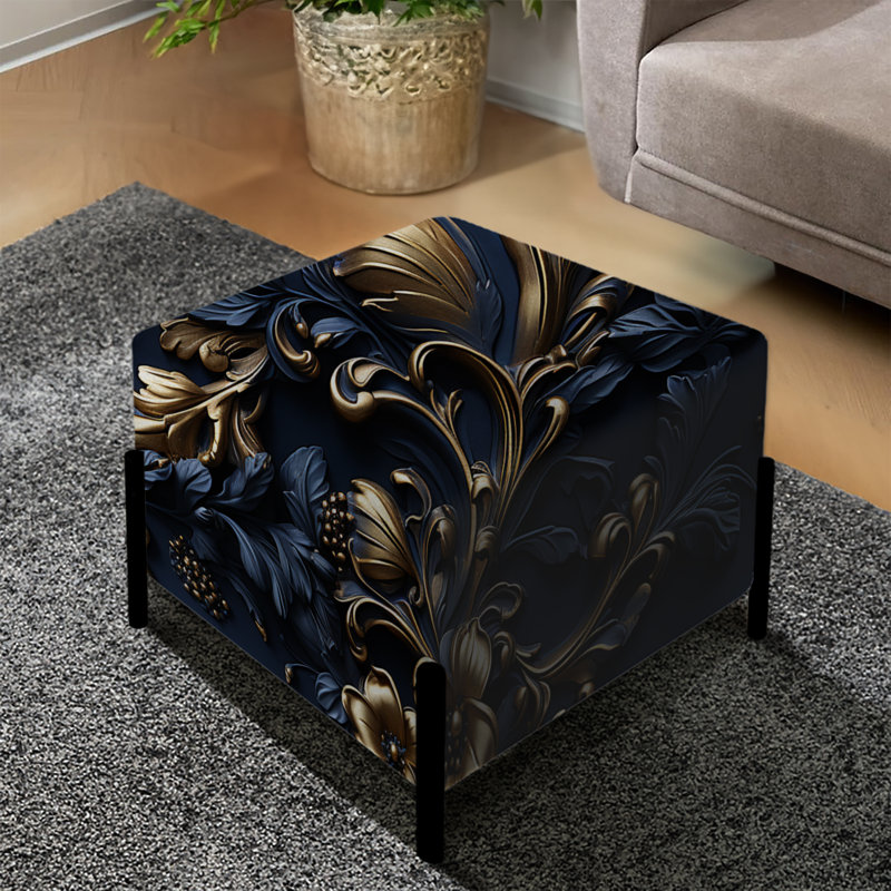 Motif victorien bleu cobalt avec cadre doré - repose-pieds carré damassé