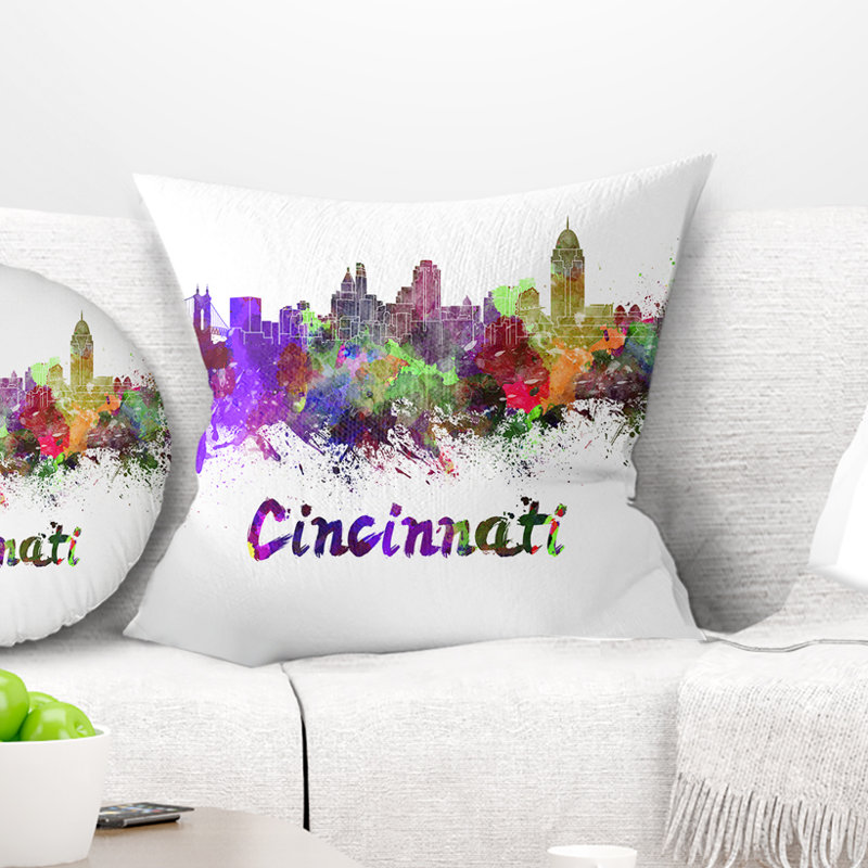 Cincinnati Skyline - Coussin imprimé paysage urbain, 16 po x 1 po, Coussin décoratif