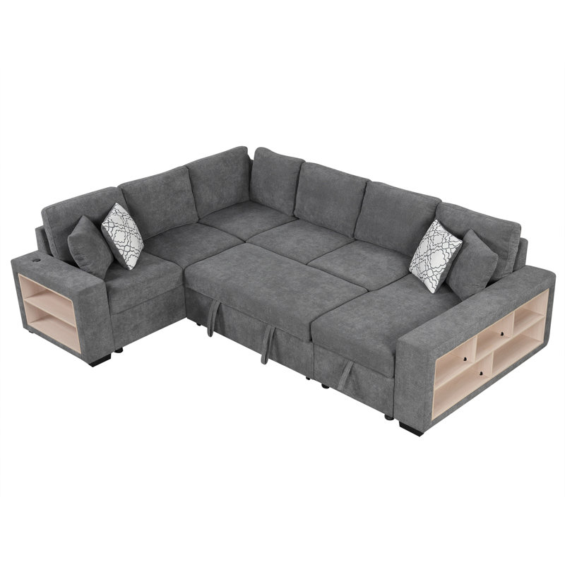 109" U-Shaped Sectional Sofa Pull-Out Sofa Bed With Two USB Ports, Gray Chenille