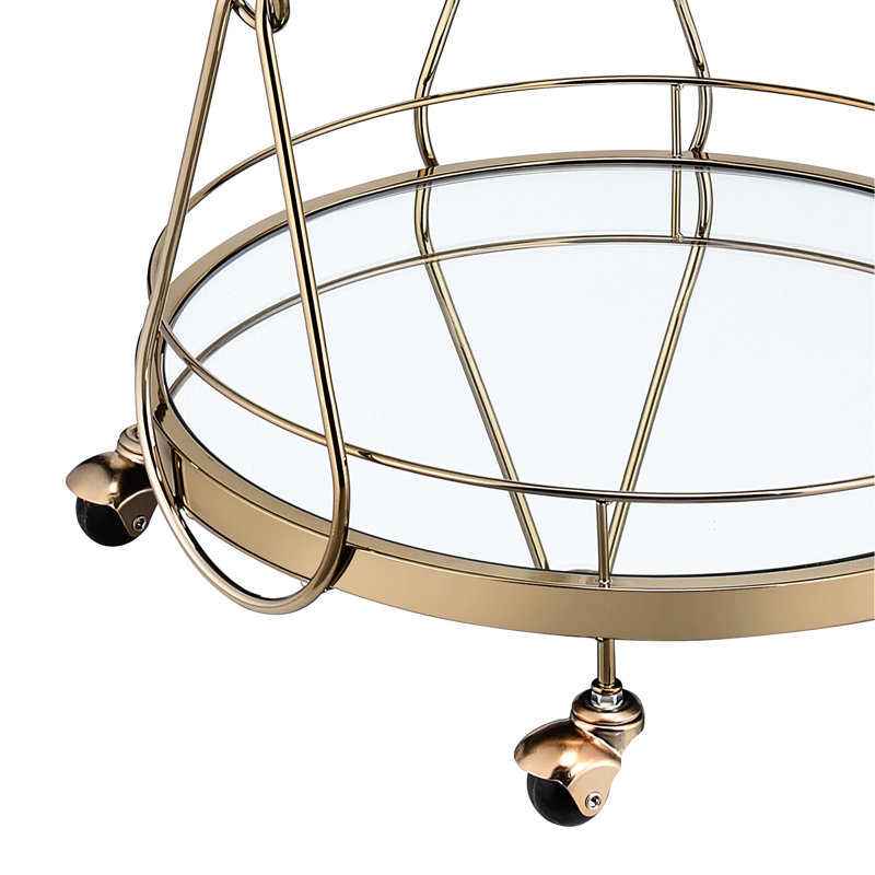 Fabuleux chariot de service à champagne, 2 compartiments ouverts pour le rangement, tablette en verre trempé transparent, base en miroir de 5 mm, cadre et poignée en métal, roulettes à roulettes, finition ronde, rangement