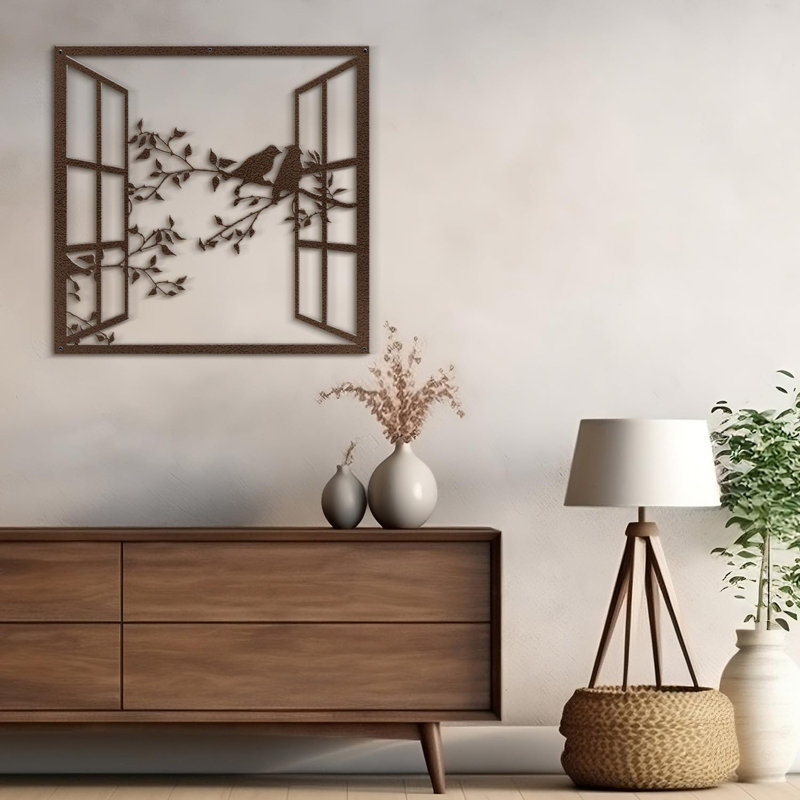 Bird Silhouette on Branch Modern Abstract Wall Accent Sculpture Hanging Decoration Metal Wall Decor, Brown