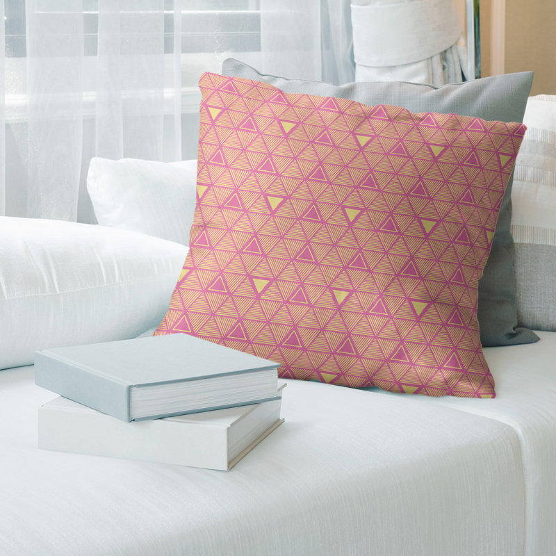 Triangles dessinés à la main Coussin décoratif, Bourre en polyester, Rose double/jaune, Faux Suède