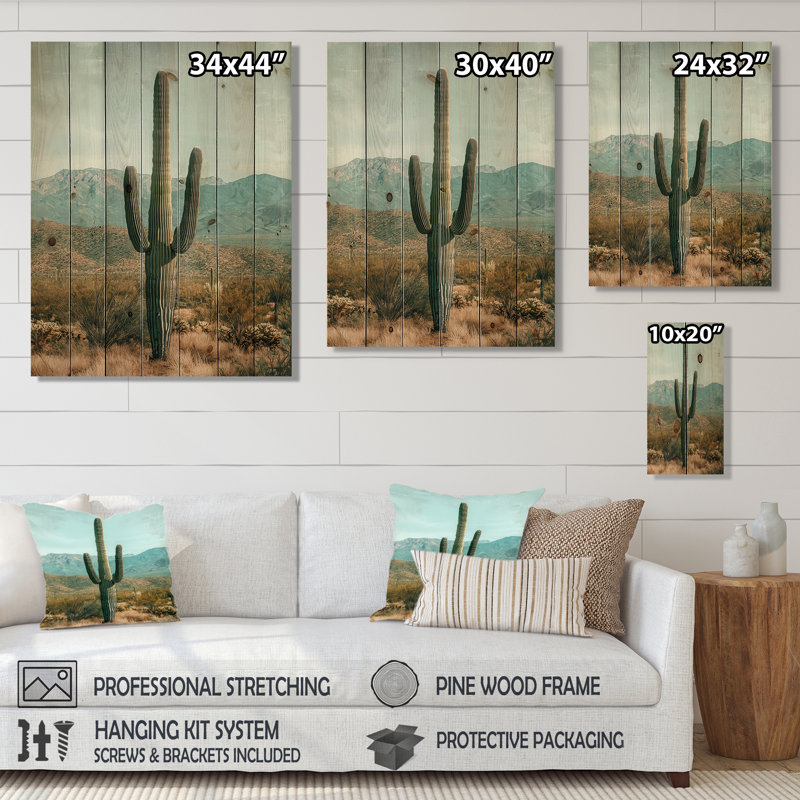 Cactus et montagnes II - cactus floral, impression sur bois de pin naturel, H 32 po x l 24 po x P 0,78 po