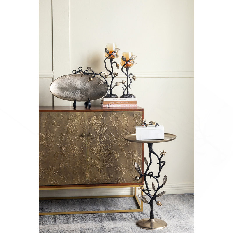 13.8X13.8X24" Black And Gold Aluminum Side Table With Delicate Pomegranate Design