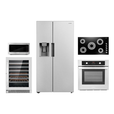 5 Piece Kitchen Package with Side by Side Refrigerator & 36" Electric Cooktop & Wall Oven