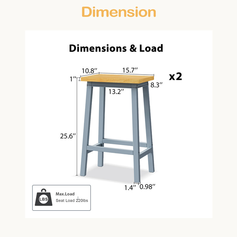 Tabourets de bar en bois massif (pas cher en fer), ensemble de 2 chaises de bar de 25,6 po de hauteur, tabourets de comptoir de cuisine avec repose-pieds, tabourets de ferme pour la salle à manger, cuisine, comptoir