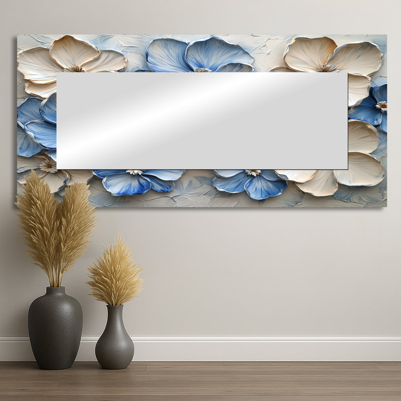 Velours crème bleu Rhododendron I - décoration murale miroir floral - imprimé sur métal, 28 po x 60 po