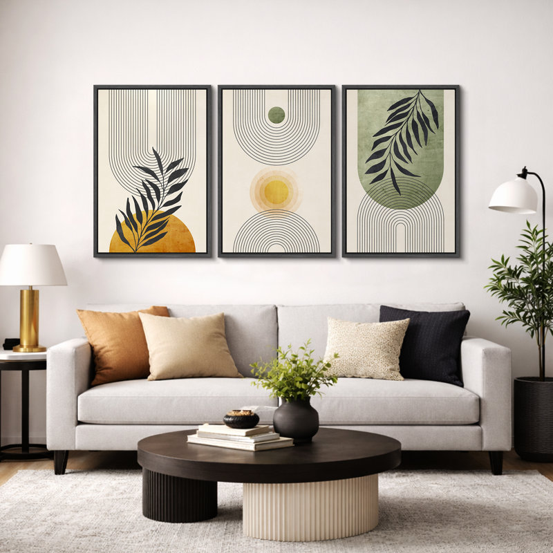 Mid Century Modern Boho "Pastel Green Geometric Jungle Palm Leaf Artwork, Vibrant Classy Abstract Wall Pictures, Large Framed Canvas Giclee Print 3 Pieces Wall Art Set"  16"x24"x3 pcs, 24"x36"x3 pcs