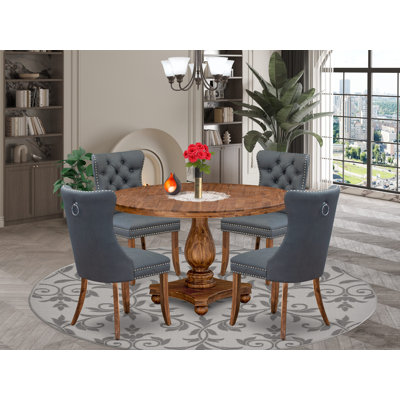 L'ensemble de table de salle à manger 5 pièces se compose d'une table de cuisine et de 4 chaises de salle à manger modernes en similicuir gris platine avec dossier capitonné - Finition noyer antique