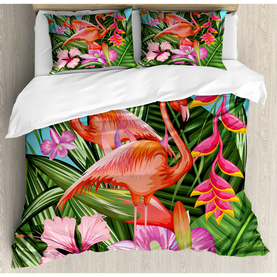 Illustration of Flamingo with Tropical Garden Hibiscus Flower Plant Duvet Cover Set Ambesonne