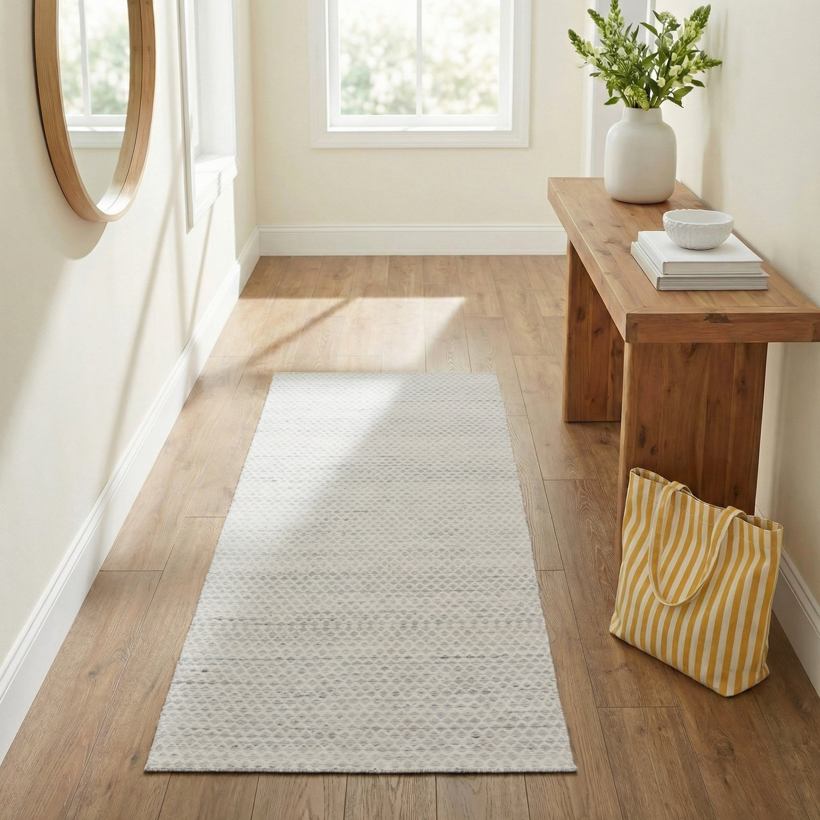 Gino Cream Gray Hand-Woven Geometric Outdoor Rug, Runner 2'6" x 8'