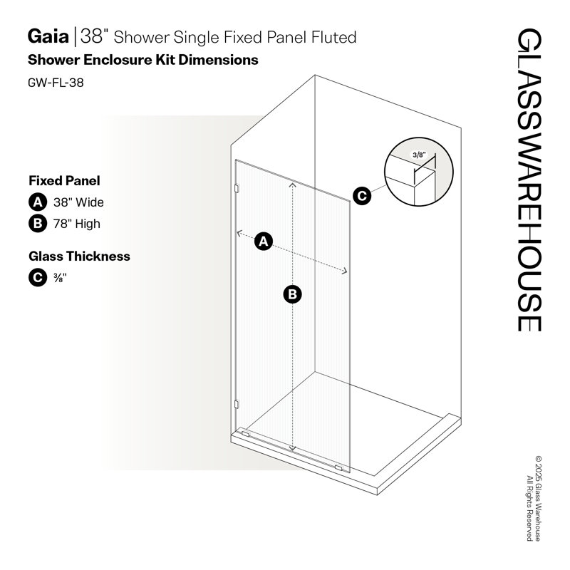 Gaia 38 in. x 78 in. Frameless Fluted Single Fixed Shower Panel, Polished Nickel
