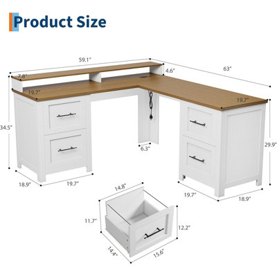63" Executive L-Shaped Desk with 4 File Drawers & Power Outlet, Large Corner Computer Desk with Monitor Stand & USB